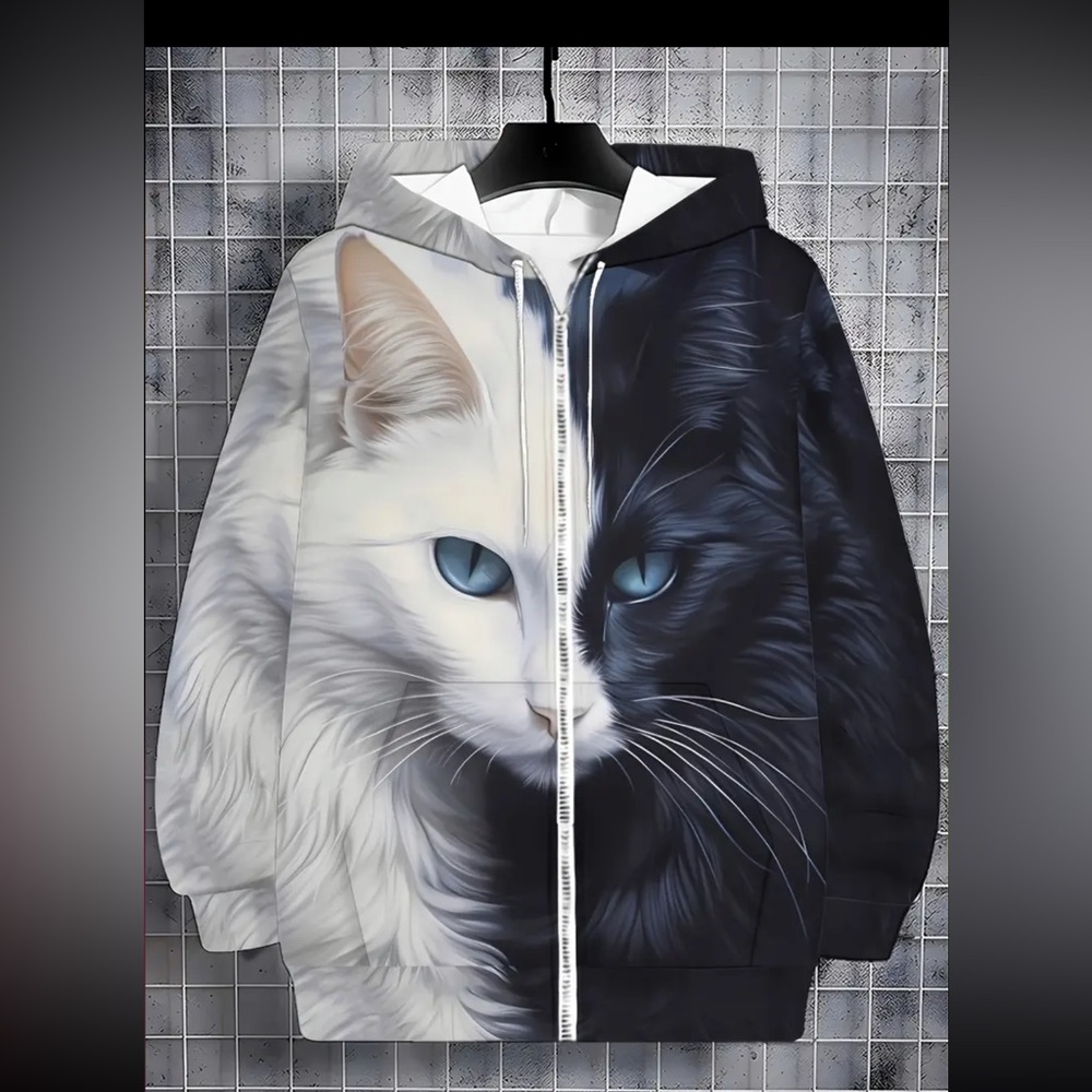 Black and White Cat Hoodie. UNISEX
